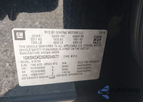 2016 Chevrolet Tahoe K1500 Ltz z USA, uszkodzony, nr VIN 1GNSKCKC8GR294577